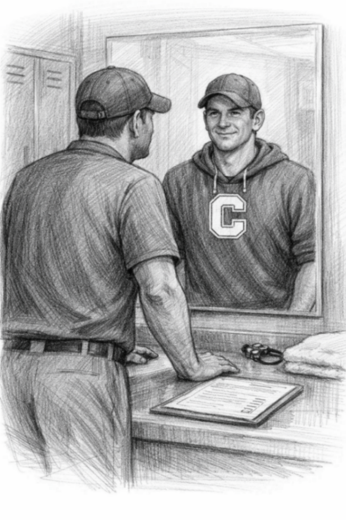 Athlete reflecting with a coach in front of a locker room mirror