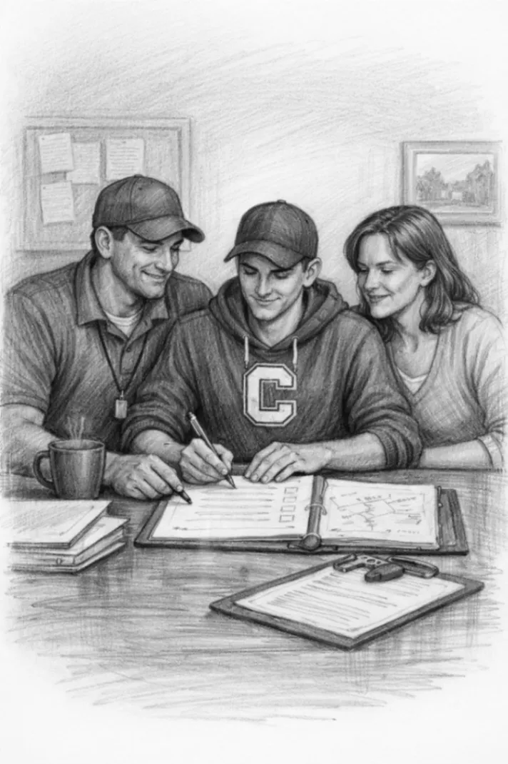 Athlete working through a plan with a coach and parent at a table