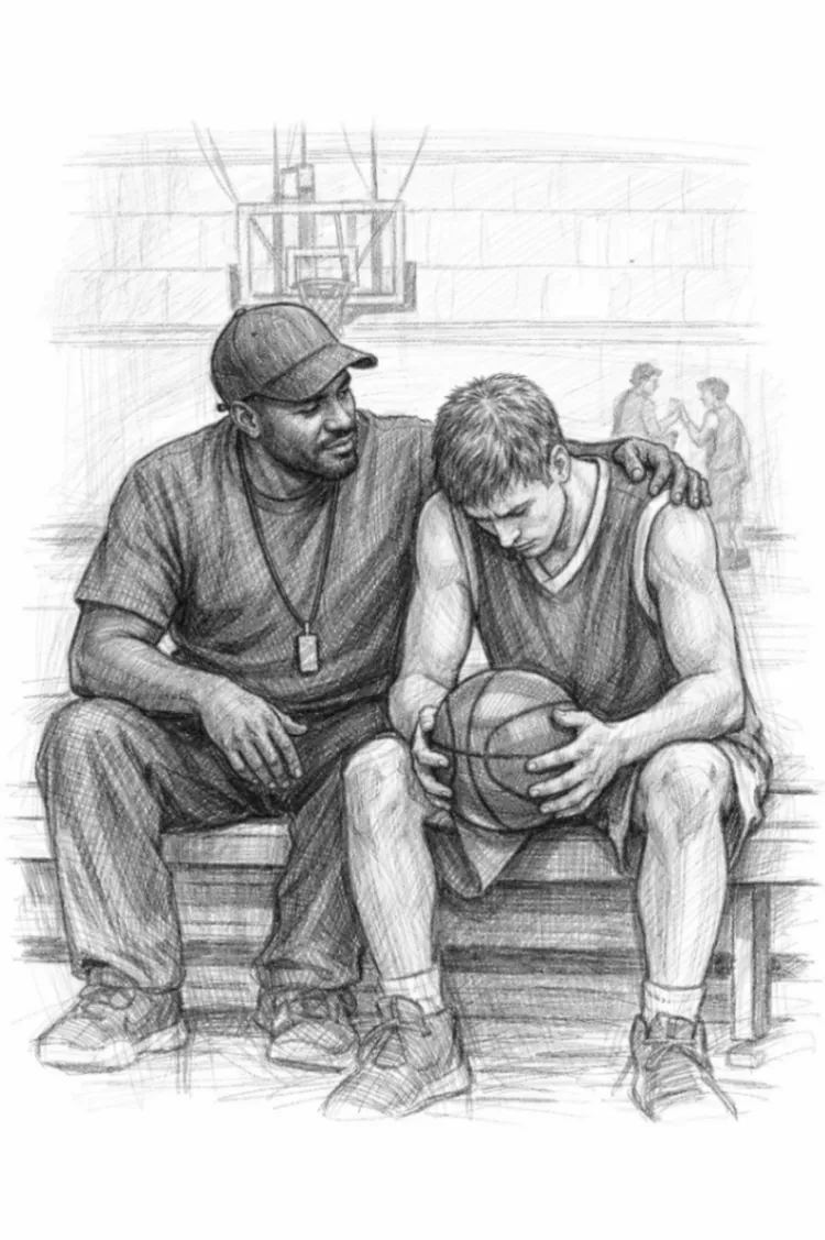 Basketball coach sitting with an athlete after a difficult moment