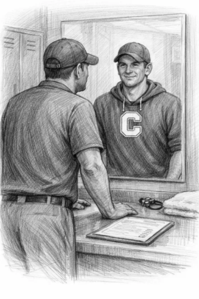 Athlete reflecting with a coach in front of a locker room mirror